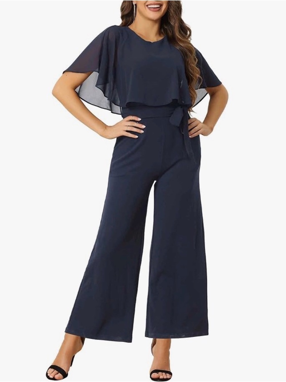 Women Ruffle Sleeve Jumpsuit Elegant Casual Tie Waist Wide Leg Pants with Pocket